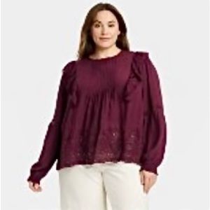 Women’s Long Sleeve Eyelet Blouse - Knox Rose, Maroon XXL